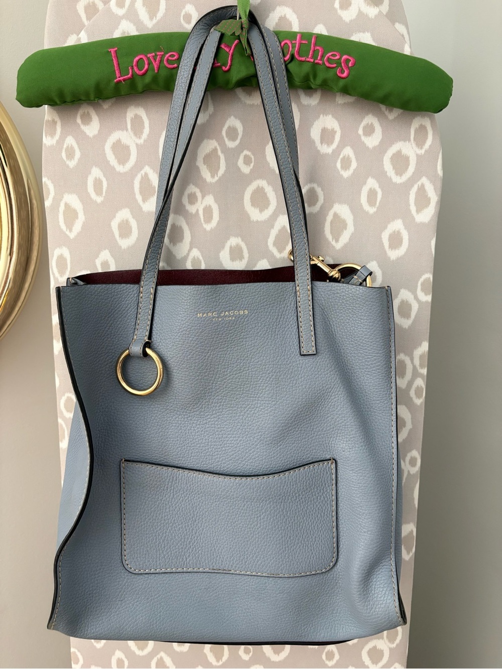 Marc Jacobs Dusty Blue Pebbled Leather Tote with Gold Ring